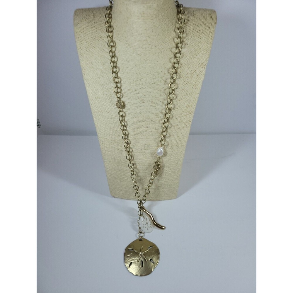 Chico's Gold Tone Beachy Chain Necklace Pendant Charm 34" Sand Dollar MOP Ariel